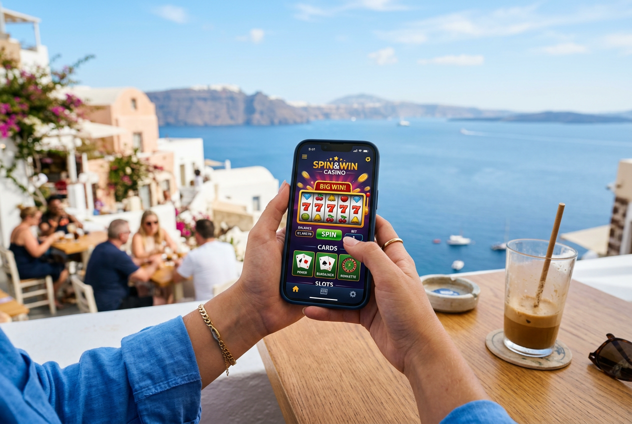 Ένας παίκτης χρησιμοποιεί ένα smartphone για να παίξει παιχνίδια καζίνο σε εξωτερικό χώρο στην Ελλάδα.